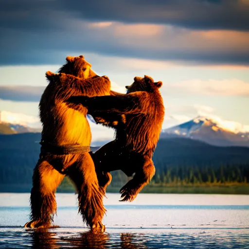 Image similar to kodiak bears kung - fu fighting on a lakefront using salmon as weapons, dusk, 8 k, hdr, cinematic, rule of thirds,