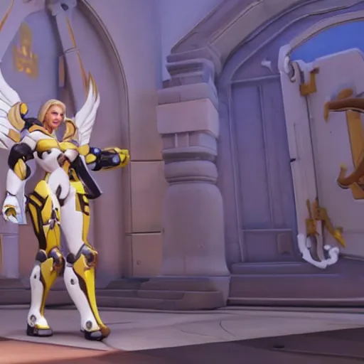 Image similar to a screenshot of arnold schwarzenegger as mercy in overwatch