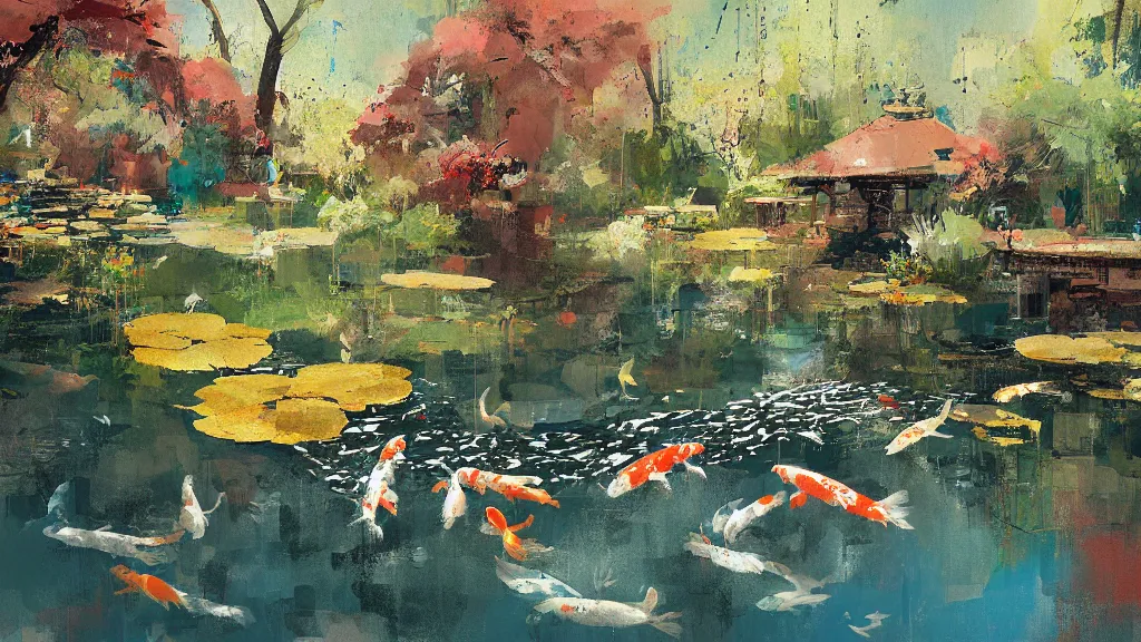 Image similar to painting of a koi pond by ismail inceoglu