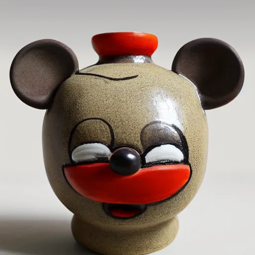 Prompt: vase work, vase art of Mickey Mouse in art style of chinese art, fragmented clay firing chinese vase with an Mickey Mouse, mickey as an character, chinese art!!!!! chinese art stylem chinese art!!!, chinese art style, mickey as a chinese art style!!!!