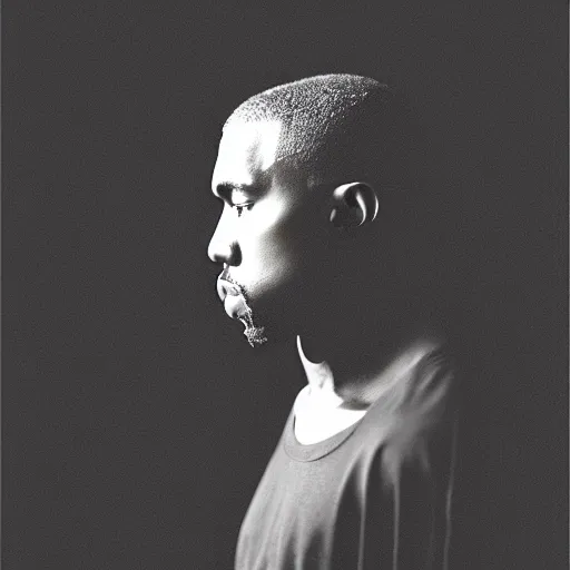 Image similar to a ( ( ( ( ( ( ( ( ( ( ( ( ( ( ( ( ( ( chiaroscuro lighting portrait ) ) ) ) ) ) ) ) ) ) ) ) ) ) ) ) ) of kanye west dressed as rick owens, black background, portrait by julia margaret cameron, shallow depth of field, 8 0 mm, f 1. 8