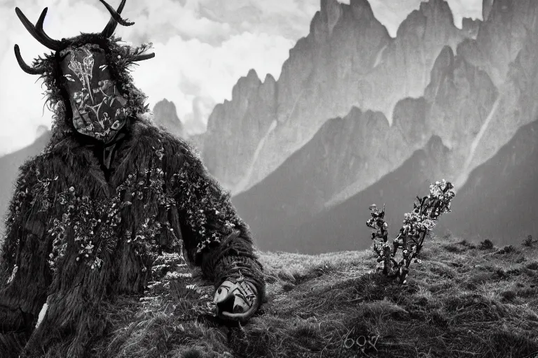 Image similar to portrait of a tyrolean folklore mask, in the alpine forest, dark, eerie , wearing hay coat, with horns, eerie, flowers growing out of his body, dolomites in the background, detailed intricate insanely detailed octane render, 8k, artistic 1920s photography, vintage photo, black and white, photorealistic, chiaroscuro, by David Cronenberg, Raphael, Caravaggio