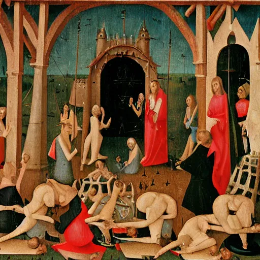 Prompt: medieval yoga in style of hieronymus bosch, 4k, hyper realistic,