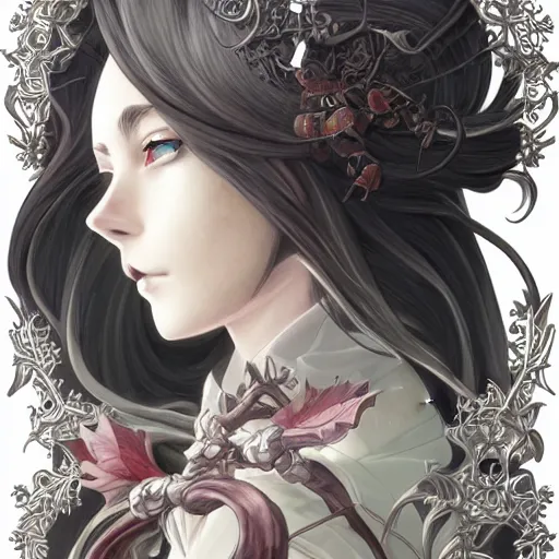 Image similar to anime manga skull profile young woman skeleton, elf, galadriel, hair, Tolkien, unreal engine, intricate, elegant, highly detailed, digital art, art by JC Leyendecker and sachin teng