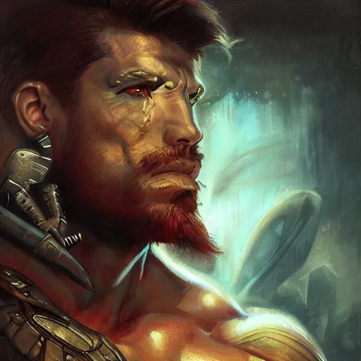 Image similar to handsome portrait of a spartan guy bodybuilder posing, radiant light, caustics, war hero, jojo, ghost in the shell, by gaston bussiere, bayard wu, greg rutkowski, giger, maxim verehin