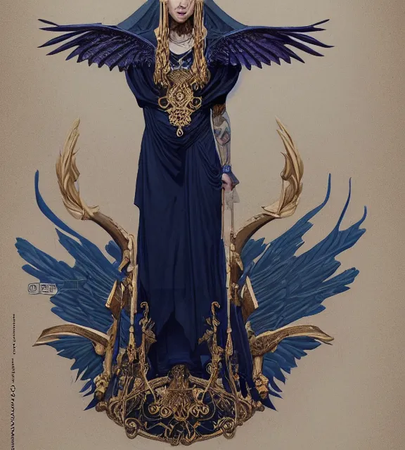 Image similar to god of death, young man, in the underworld, elegant dark blue dress, very detailed, throne, very intricate details, jewelry, gold line tattoos, elaborate long hairstyle, wings, cinematic, artstation, william bouguereau, alphonse mucha, greg rutkowski, rossdraws, octane render