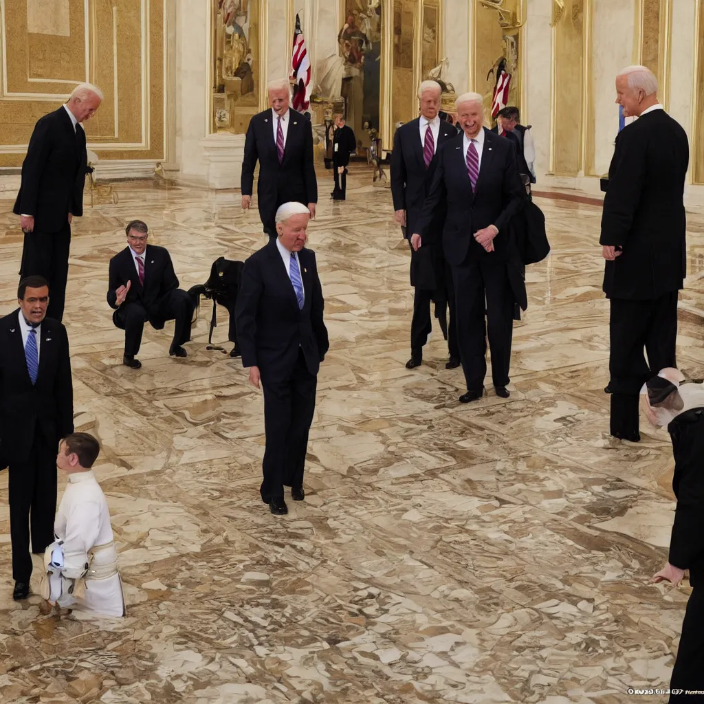 Prompt: Poopy pants joe Biden defecating in front of the pope in the Vatican award winning 35 millimeter photo by pete souza