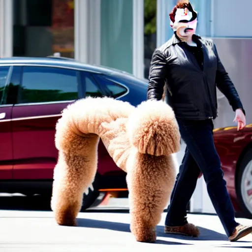 Image similar to a photo of elon musk walking on the street with his big mutant poodle, f 2. 8, 1 0 0 mm lens