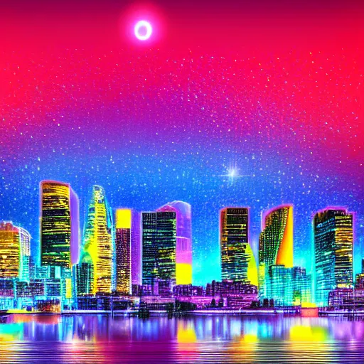 Prompt: modern city, night time, neon colours, water front apart of city, stars and comet in sky, high def, 8 k, hd, high definition building, made with spray paint,