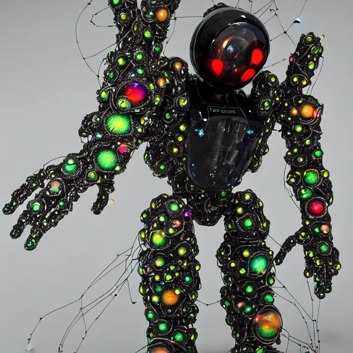 Image similar to a cybernetic symbiosis of a single astronaut mech-organic eva suit made of pearlescent wearing anodized thread knitted shiny ceramic multi colored yarn thread infected with kevlar,ferrofluid drips,carbon fiber,ceramic cracks,gaseous blob materials and diamond 3d fractal lace iridescent bubble 3d skin dotted covered with orb stalks of insectoid compound eye camera lenses orbs floats through the living room, film still from the movie directed by Denis Villeneuve with art direction by Salvador Dalí, wide lens,