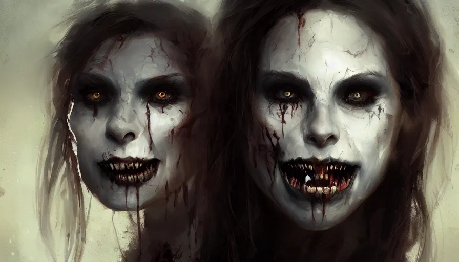 Prompt: A beautiful painting of Josie Maran as a undead smiling fanged vampire by greg rutkowski and Kalin Popov , Trending on artstation HD.