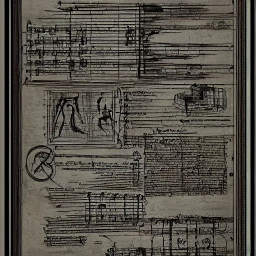 Image similar to leonardo da vinci intricate full page scan blueprint of concept art dark new music instrument on grey paper sketch ink style with music sheet backgroud