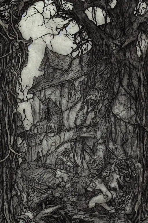 Prompt: a witch's cottage in a dark forest, with several broken statues, by arthur rackham and edmund dulac, HD, 4k, 8k, incredibly detailed, intricate, ominous, masterpiece, digital illustration, trending on artstation