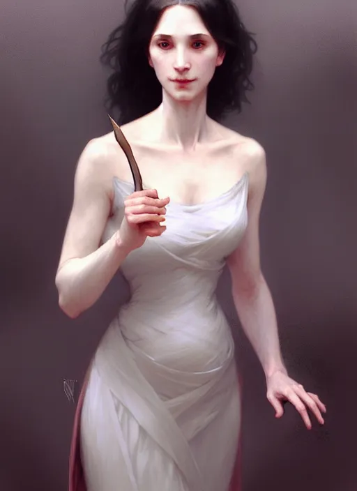 Image similar to character concept portrait of a female wizard with pale skin, wearing an elegant dress, dark vibe, intricate, elegant, digital painting, concept art, smooth, sharp focus, illustration, by Ruan Jia and Mandy Jurgens and William-Adolphe Bouguereau, Artgerm,