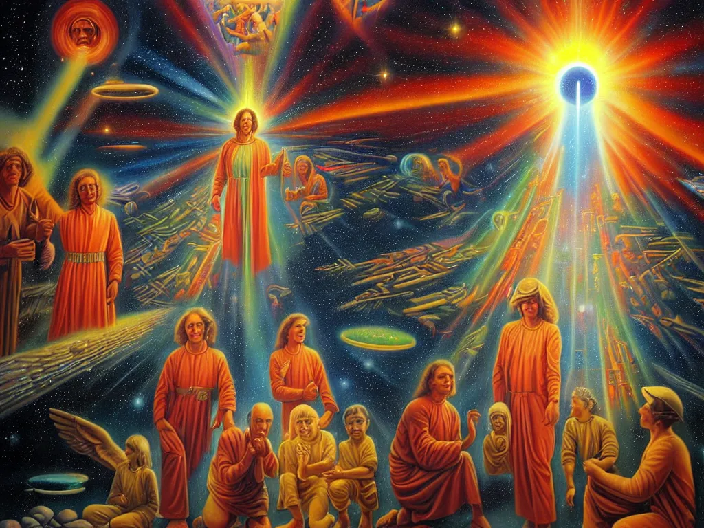 Image similar to a beautiful future of divine human spiritual evolution, by david a. hardy, wpa, public works mural, socialist