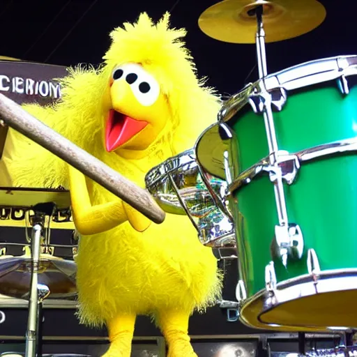 Prompt: big bird playing the drums centre stage at Wembley stadium, photorealistic, 4k