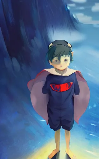 Image similar to little boy with cat ears wearing an latex suit with cape. digital painting made by makoto shinkai and james jean, deep ocean