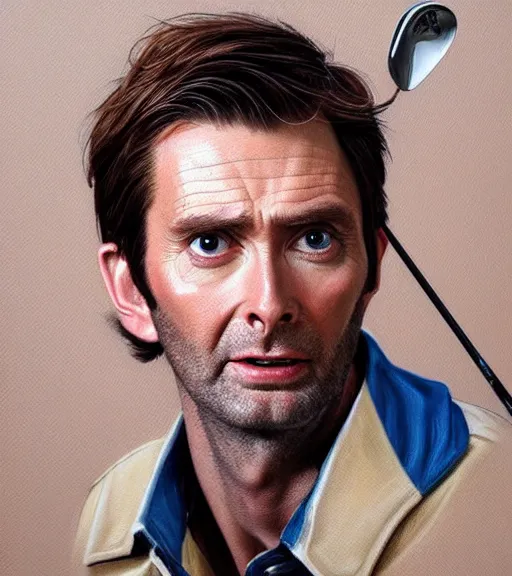 Prompt: medium shot portrait of david tennant as a golfer, white cap, beige and blue overstich, very detailed eyes, hyperrealistic, very detailed painting by Glenn Fabry, by Joao_Ruas