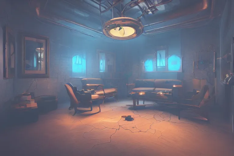 Prompt: neural dust interior design, bioluminescent, steampunk artnouveau, candlelight, sunset glow, dark shadows, octane render, volumetric lighting, raytracing, symmetrical wide shot low angle