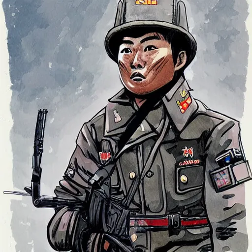 Prompt: A North Korean resistance rebel soldier , Artwork by Kim Jung Gi, Kim Jung Gi style, ink, peter han style