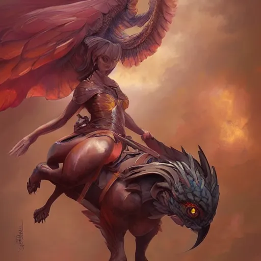 Image similar to Art station concept of a beautiful girl riding a gryphon, symmetrical face, smooth body features, by Stanley Artgerm Lau, WLOP, Rossdraws, James Jean, Andrei Riabovitchev, Marc Simonetti, and Sakimichan, trending on artstation