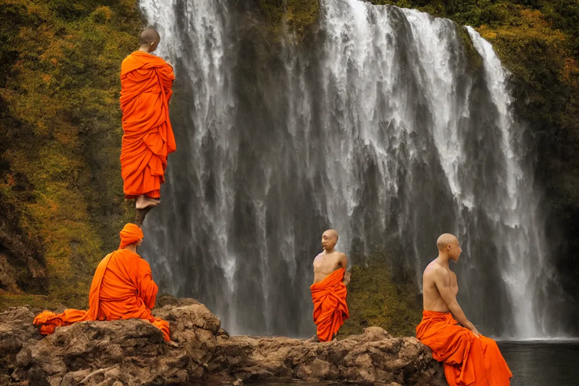 Image similar to dang ngo, annie leibovitz, steve mccurry, a simply breathtaking shot of mediating monk in orange, giantic waterfall, sunshine, golden ratio, wide shot, symmetrical