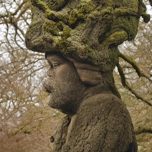 Prompt: an oak tree pruned and shaped to resemble a human head in profile