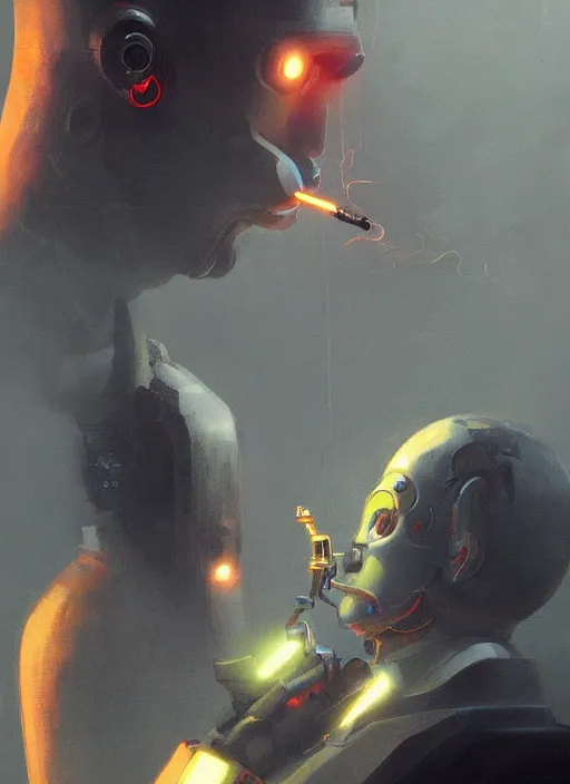 Image similar to a robotic man smoking a cigarette, cyberpunk, glowing lights, detailed artwork trending on artstation by greg rutkowski