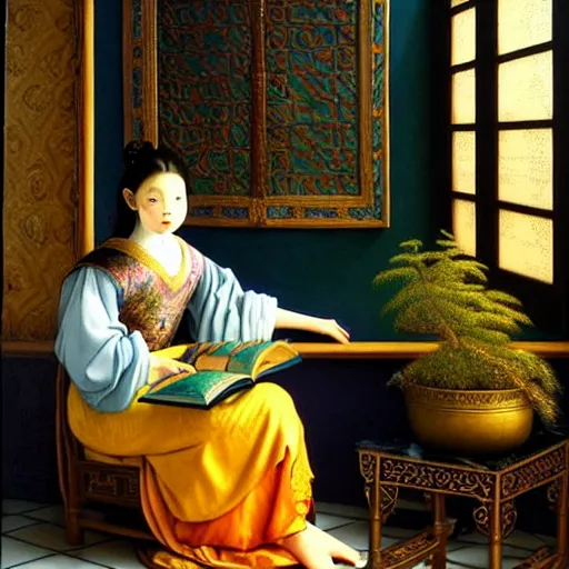 Image similar to a highly detailed fantasy pastel oil painting of a young wizard in ornate clothing lounging on a purpur pillow on the marble floor in front of her bookcase, studying an ancient tome. to the side is a potted plant and some blue candles. ancient oriental fantasy setting. in the style vermeer, yoshitaka amano and mark tedin