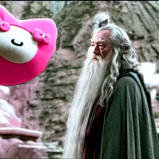 Image similar to gandalf wearing a Hello Kitty costume, movie still from the lord of the rings
