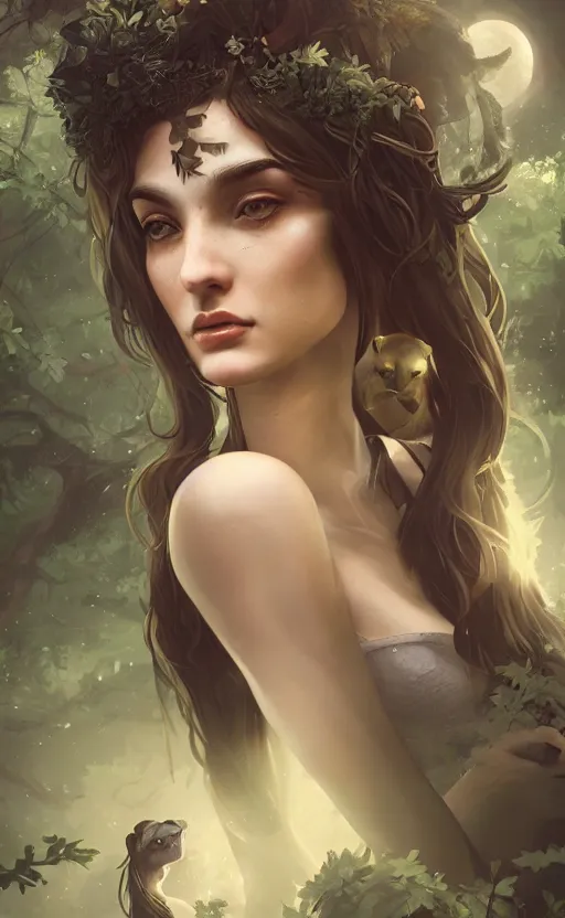Image similar to Greek Goddess Artemis in moonlit forest with animals, medium shot portrait by loish and WLOP, octane render, dynamic lighting, asymmetrical portrait, dark fantasy, trending on ArtStation