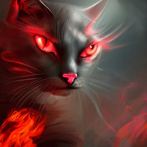 Prompt: fantasy portrait devil cat with red eyes looking towards camera and smoke in background, high detail, digital art, beautiful , concept art,fantasy art, 4k