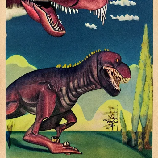 Image similar to 1940s children's book illustration of a Tyrannosaurus rex