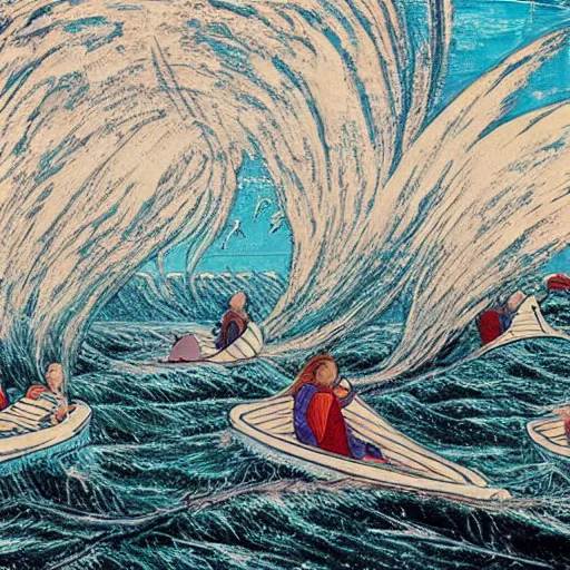 Image similar to The art installation depicts a huge wave about to crash down on three small boats. The boats are filled with people, and they all look terrified. Byzantine by Ayami Kojima experimental