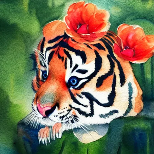 Prompt: watercolor drawing on paper, a curious baby tiger with big eyes smelling a red flower, cute, watercolor, kawaii, wide angle shot, low angle shot, full shot, illustration, white background, very detailed, high quality