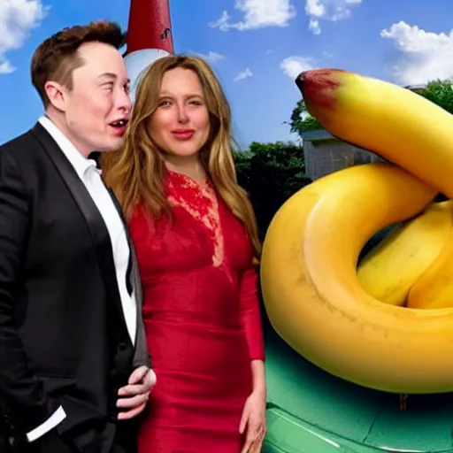 Prompt: elon musk wearing a red dress and chiquita banana hat. emotional vocal performance. photograph of the year. vivid color. high detail.