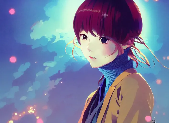 Image similar to yoh yoshinari editorial illustration colorful anime portrait of shiina ringo, murata range, blue submarine no 6, manga, fine texture, detailed, matte colors, perfect anime face, cinematic dramatic lighting, film grain, dynamic composition, moody, vivid, volumetric, alphonse mucha, fine stippled lighting, ilya kuvshinov