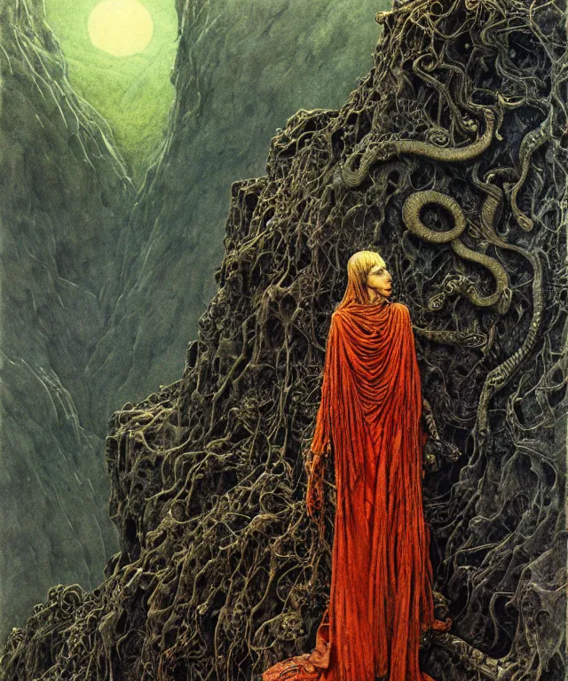 Prompt: A detailed snakewoman stands among the hills. Wearing a ripped mantle, robe. Extremely high details, realistic, fantasy art, solo, masterpiece, art by Zdzisław Beksiński, Arthur Rackham, Dariusz Zawadzki