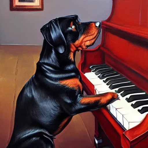 Prompt: rottweiler playing the piano, oil painting, artgerm, portrait, highly detailed, artstation