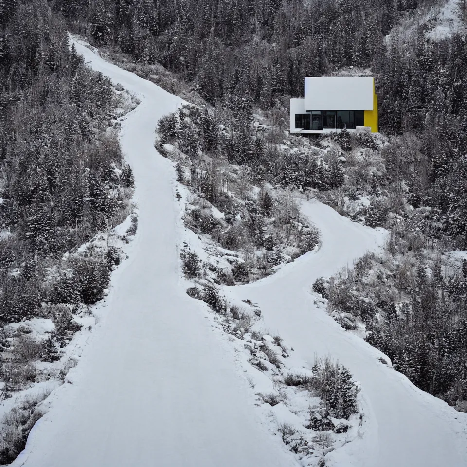 Image similar to a road leading to a mid-century modern house on top of a cliff in the arctic, covered with snow, designed by Frank Gehry, with a long pathway toward it. Big tiles. Film grain, cinematic, yellow hue