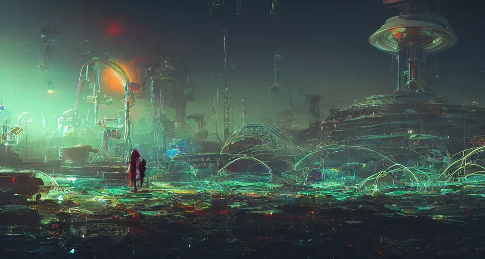 Image similar to beautiful low angle painting of ab alien world with unknown structures and technolog, steampunk, wires everywhere, junk on the ground, neon lights, red neon highlights, a tiny girl watching on, moody atmosphere, epic composition, dramatic lighting, trending on artstation, octane render, by robert zemeckis