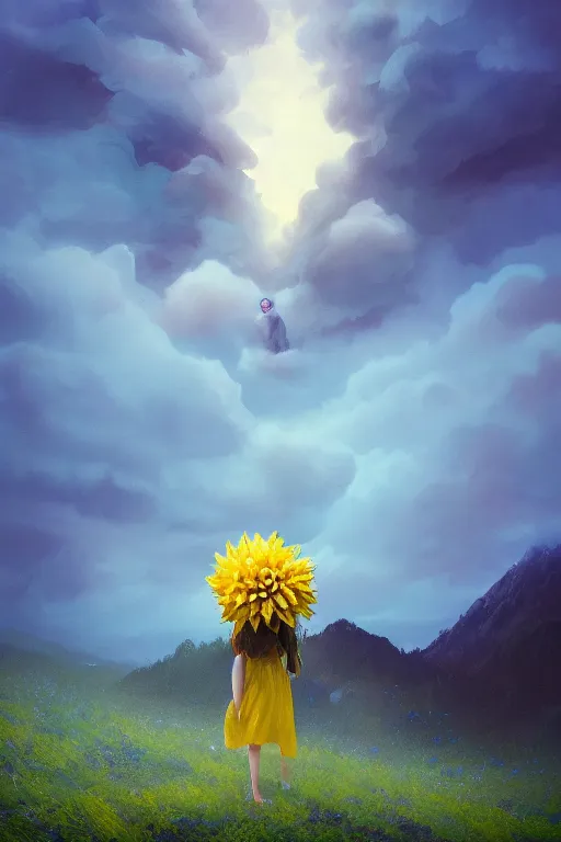 Image similar to closeup girl with huge yellow dahlia flower face, intricate, standing on mountain, surreal photography, blue storm clouds, dramatic light, impressionist painting, digital painting, artstation, simon stalenhag