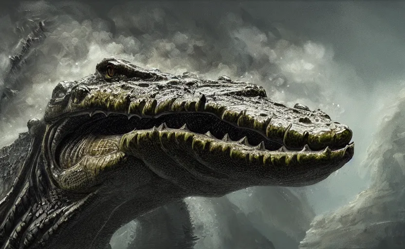 Image similar to a masterpiece of a crocodile with steam coming from it's nostrils, cinematic, fantasy, hyper detailed, digital painting, 4 k realistic, trending on artstation, sharp focus, john banovich, light source on left