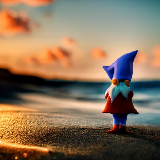 Prompt: cinematic front-view shot of a cute gnome standing on the beach during a sunset, 8k, dslr, highly intricate, highly detailed,