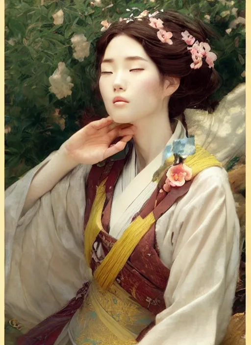 Prompt: detailed portrait of serene anime girl gwen wearing hanfu, closed eyes, natural light, painting by gaston bussiere, craig mullins, j. c. leyendecker
