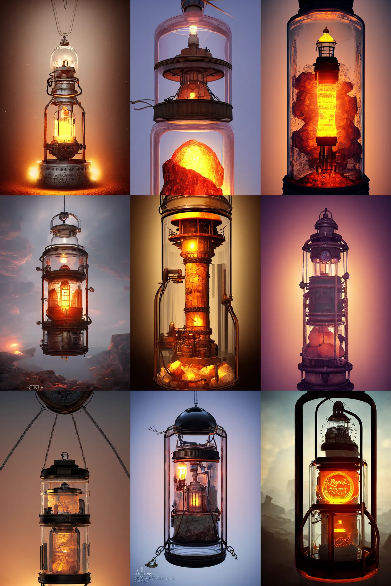 Prompt: himalayan rocksalt lamp lighthouse inside a steampunk glass jar, hanging from a hot air balloon, intricate detail, volumetric lighting, epic composition, hyper detailed, ultra realistic, sharp focus, octane render, lantern, volumetric, ray tracing, artstation trending, cgsociety, sense of awe, swirling mist