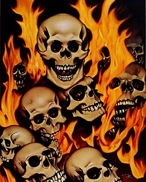 Image similar to oil geometric painting of skull skeletons burning in hell reaching for help by norman rockwell