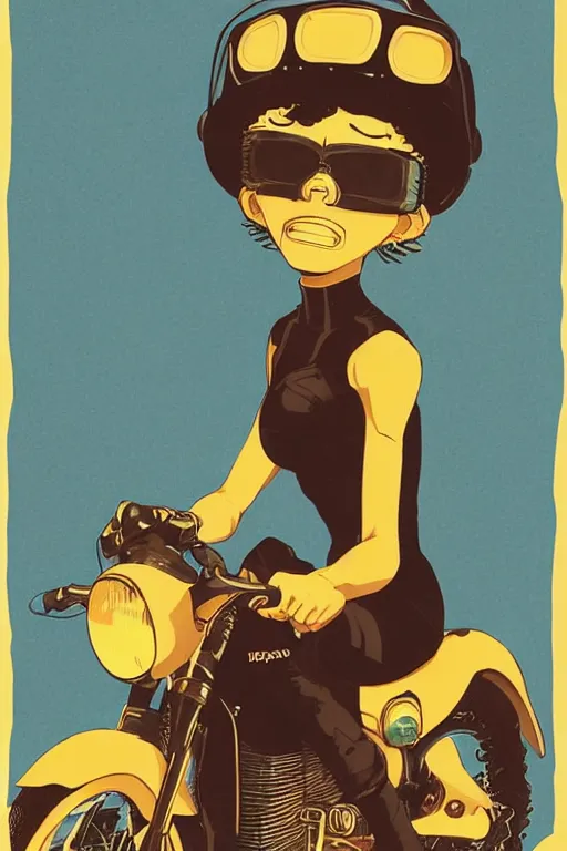 Prompt: black woman with goggles riding motorbike, afro hair, clean lines, bold outline, golden ratio, cowboy bebop, pop art, graphic, ilya kuvshinov, jamie hewlett, yoji shinkawa, muted colors, beautiful detailed illustration, 17th century oil painting, flat colors, studio ghibli, cel shading,