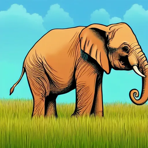 Image similar to an elephant with its two ears and its trunk in a meadow, colouring - in sheet, character art, sharp focus, highly detailed, artstation