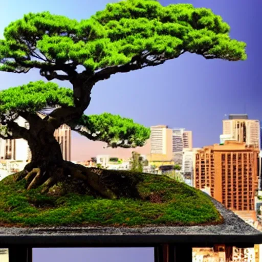 Image similar to a city on top of a bonsai tree, realistic